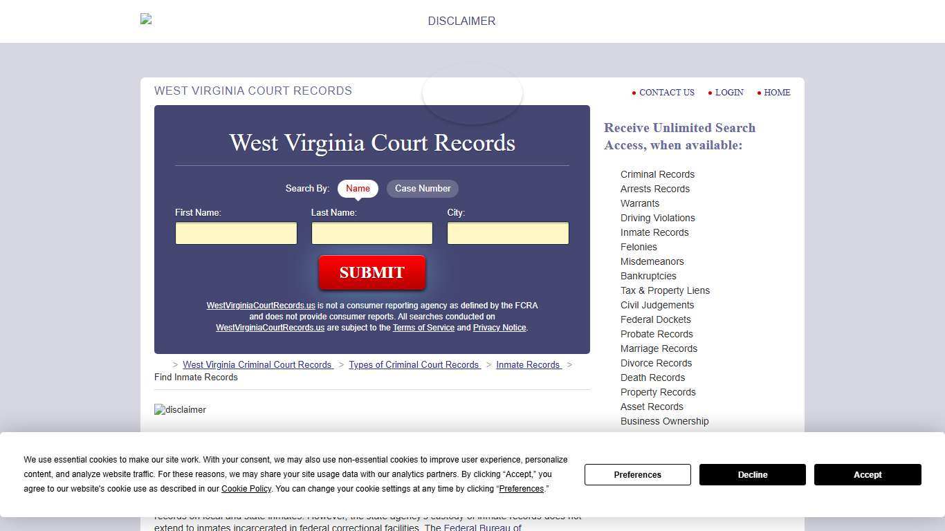 West Virginia Inmate Search WestVirginiaCourtRecords.us